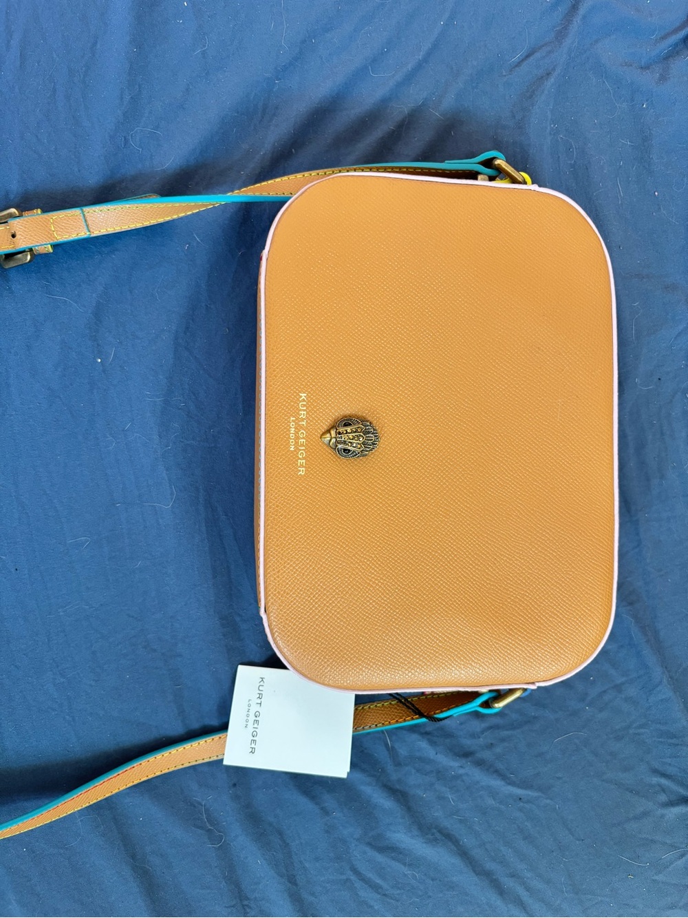 Kurt Geiger Tan Crossbody with Teal-Trim Strap and Gold Logo